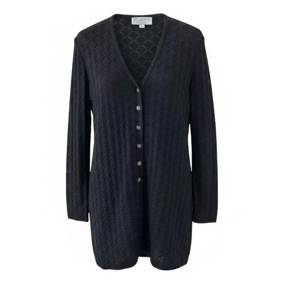 St. John Black Button Down Long Sleeve Pointelle Knit Cardigan Sweater Size 6 - Picture 1 of 9